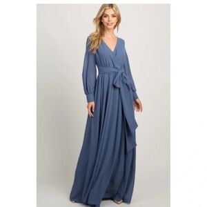 Pinkblush Blue Chiffon Long Sleeve Pleated Maternity Maxi Dress